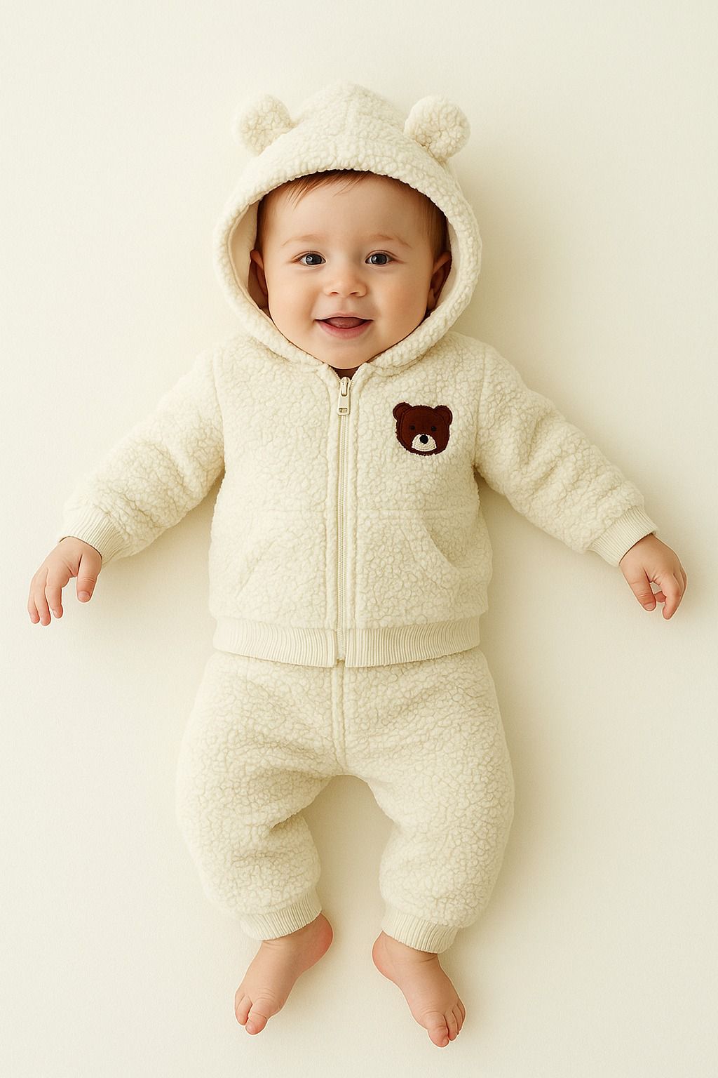 Baby-Fleece-Set mit Bärenmotiv in Creme – Kapuzenjacke und Hose