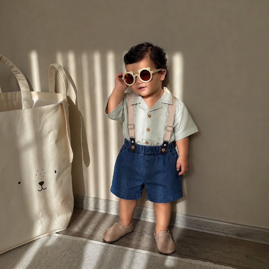 Baby Boys Linen Shirt & Denim Shorts Set with Suspenders – Mint Green & Blue