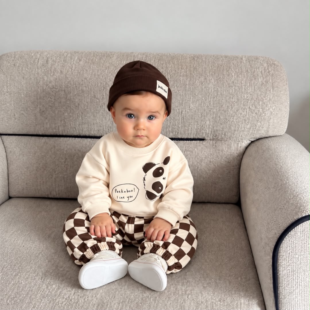 Baby wearing panda sweatshirt and brown checkered joggers