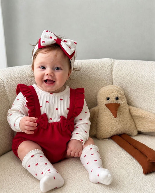 Heart Print Baby Girl Four-Piece Set | Bodysuit, Bloomers, Headband and Socks