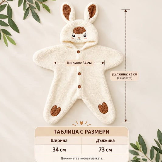 Cream bunny-ear hooded baby pramsuit size guide showing width 34 cm and length 73 cm including hood