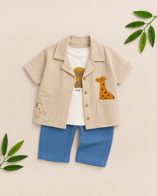 Baby Boys 3-Piece Safari Animal Set – Jacket, T-Shirt & Trousers