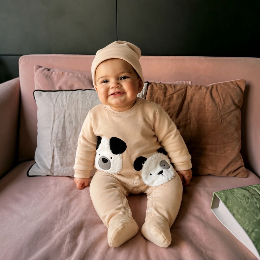 Baby Panda Appliqué Footed Romper & Knotted Hat Set