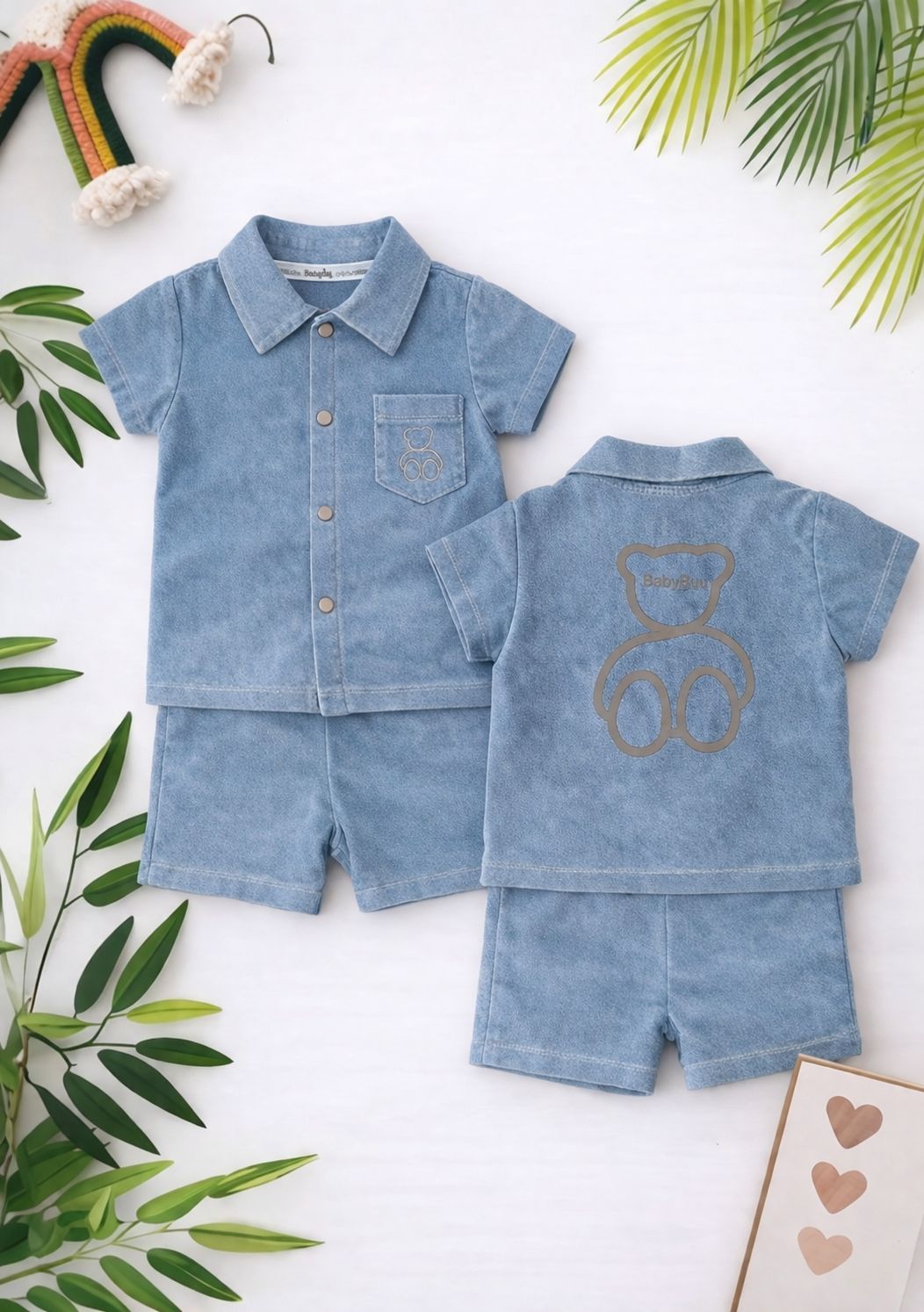 Denim Bear Embroidered Shirt & Shorts Set