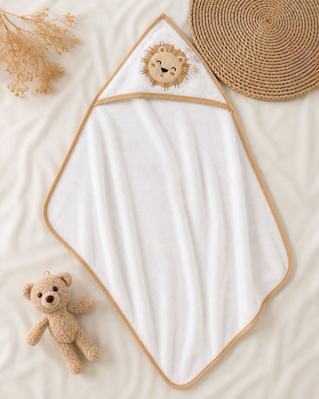 Lion Applique Baby Hooded Towel | Soft Cotton with Caramel Trim
