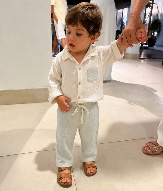 Baby Cream Muslin Shirt & Sage Green Linen Trousers Set