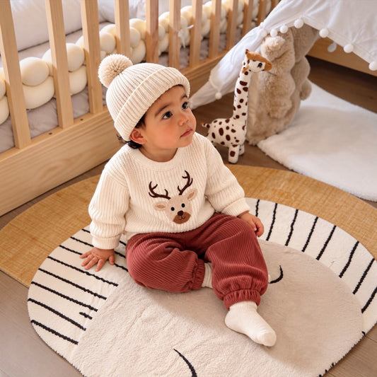 Baby wearing a cream reindeer sweatshirt, rust trousers and cream pom-pom hat