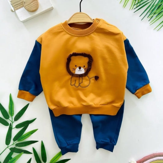 Lion Appliqué Sweatshirt & Jogger Set flat lay on hanger
