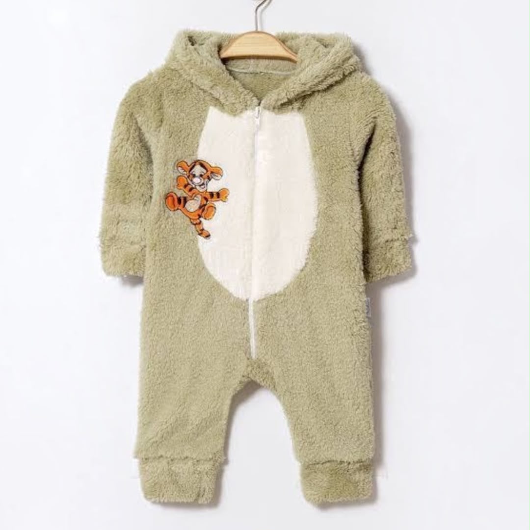 Baby Fluffy Sage Green Hooded Zip Romper with Cartoon Character Appliqué on hanger
