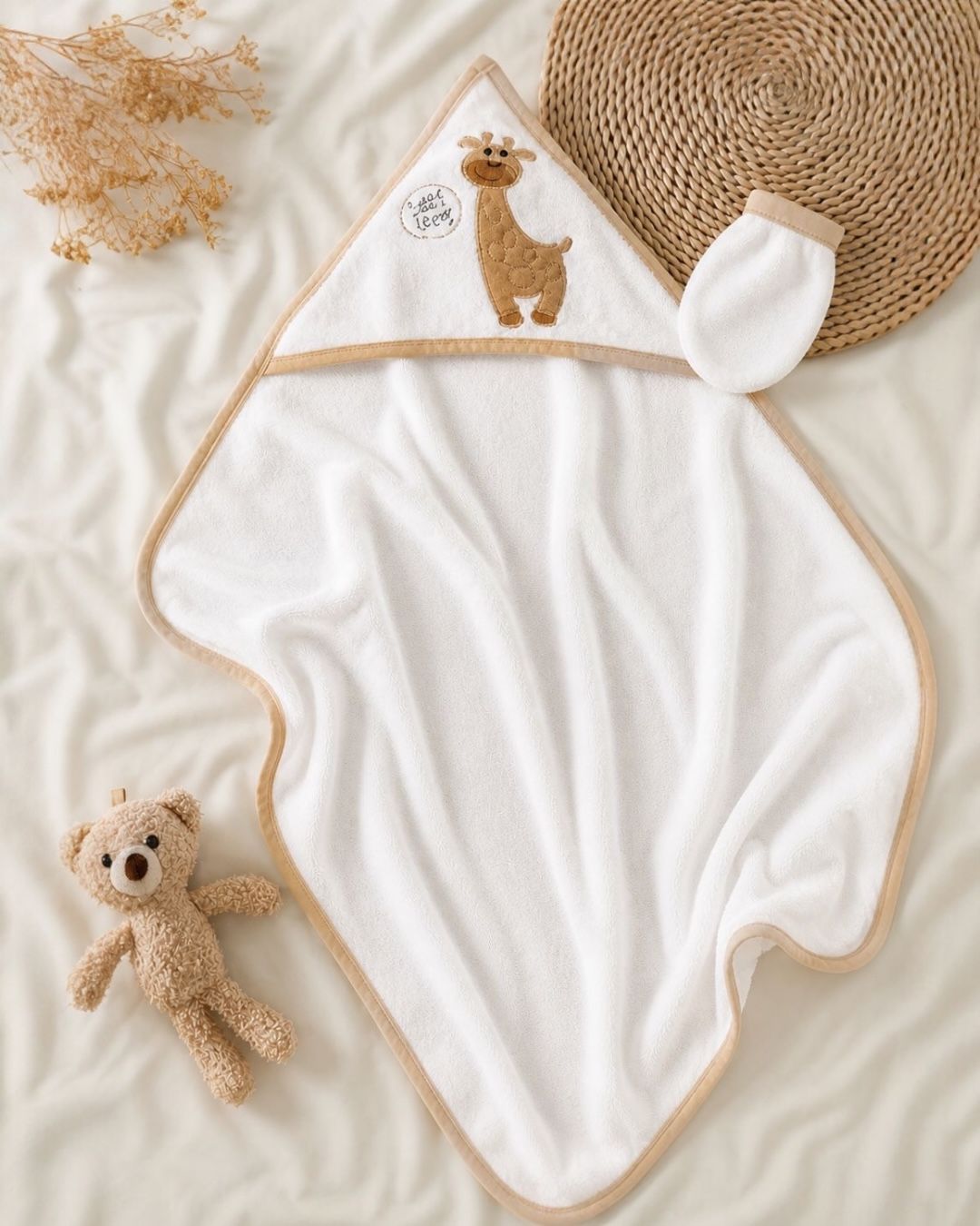 Giraffe Applique Baby Hooded Towel and Mittens Set | Soft Cotton