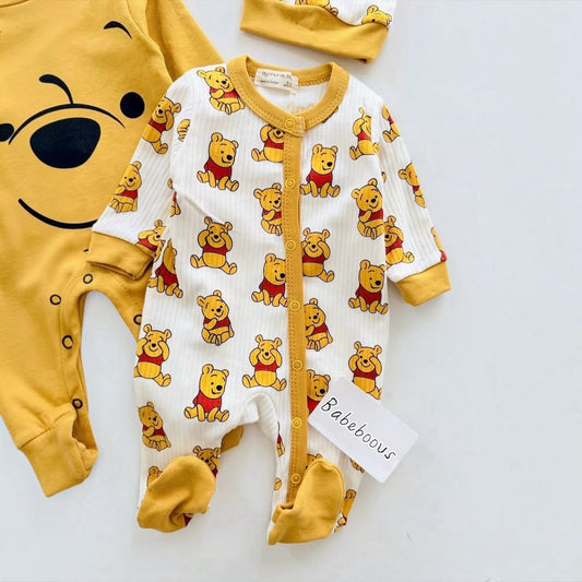 Baby Cartoon Bear Print White Footed Romper & Bear Ear Hat close-up detail