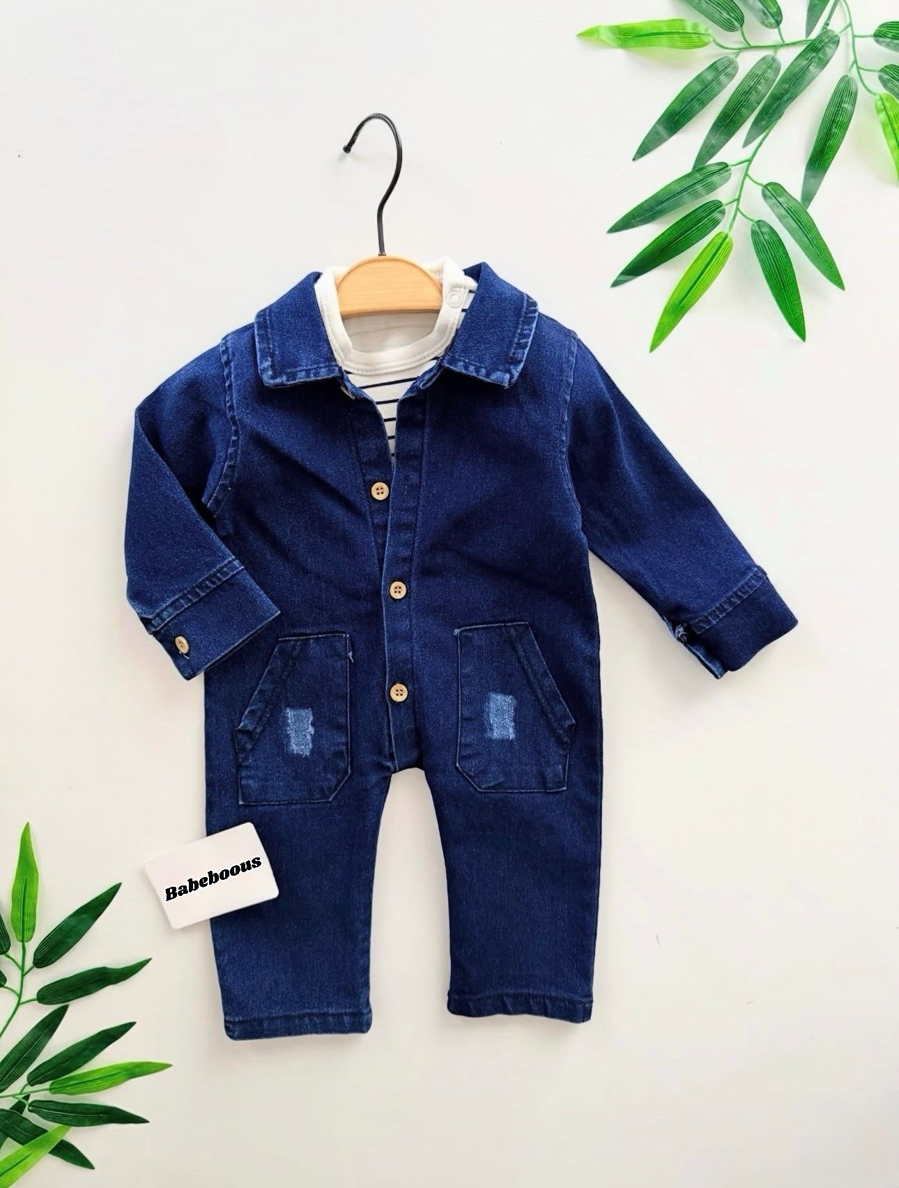 Baby Boy Denim Romper with Striped Shirt Set