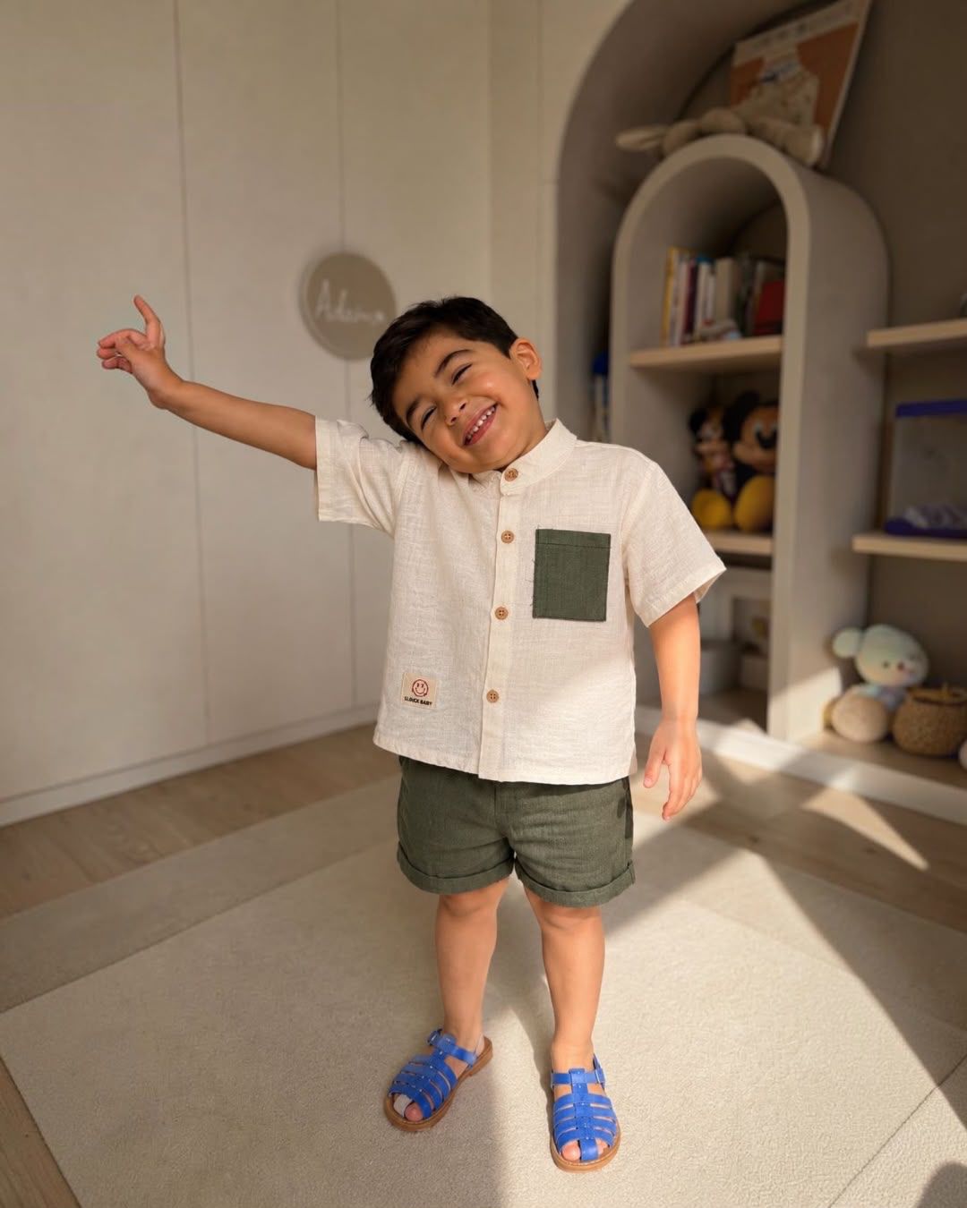 Baby Boys Muslin Button Shirt & Shorts Set – Cream & Olive Green