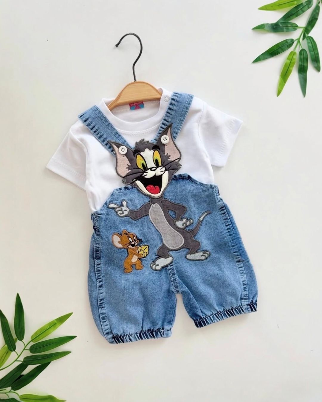 Cat and Mouse Cartoon Baby Denim Dungaree Set | White Tee and Blue Denim Shorts