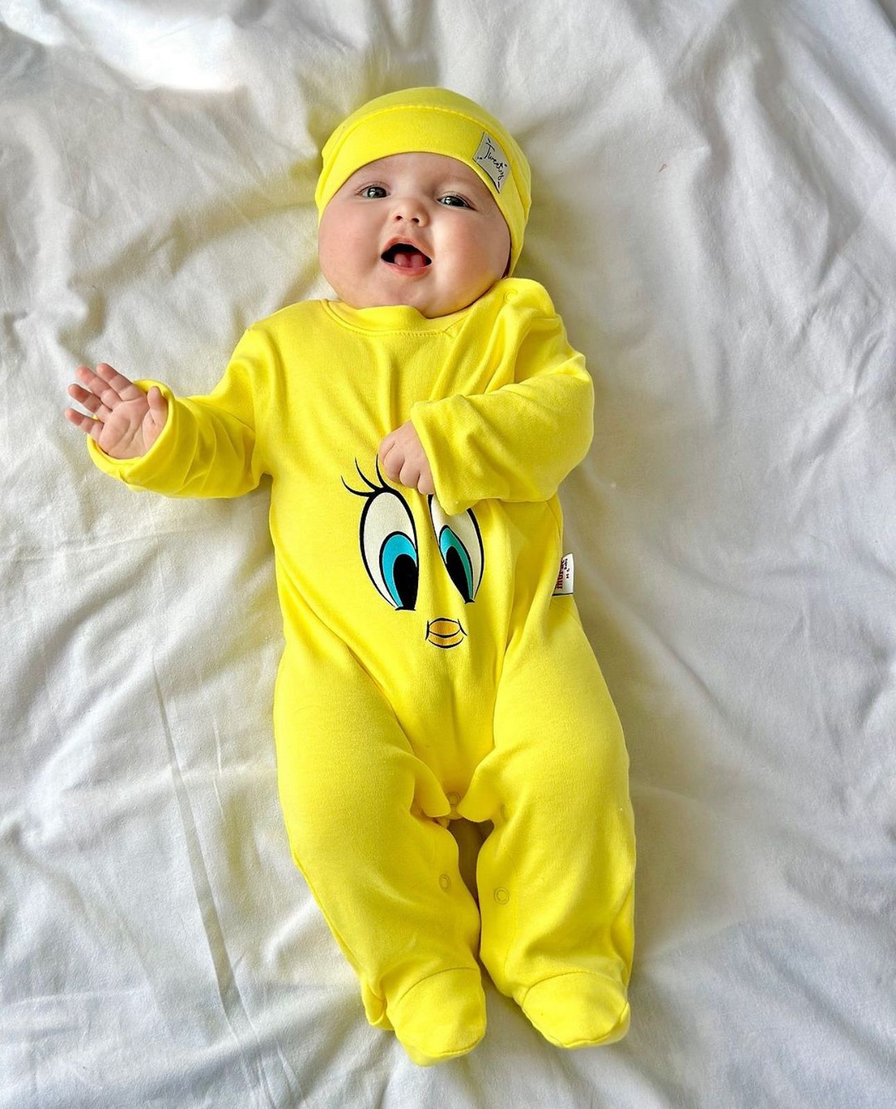 Yellow Birdie Face Footed Romper & Hat Set