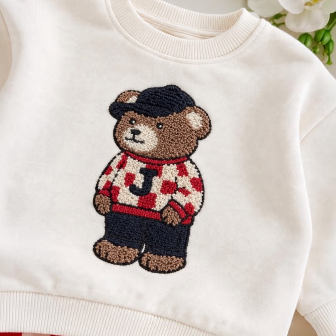 Close-up of textured teddy bear motif on cream baby sweatshirt