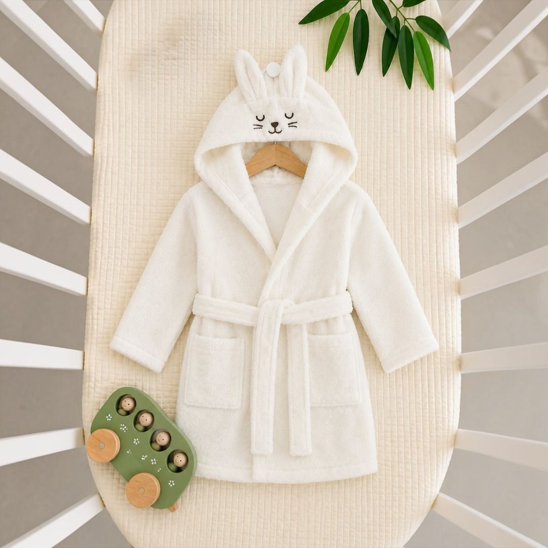 Bunny ears hooded baby bathrobe flat lay on crib