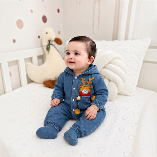 Baby Reindeer Denim Hooded Romper - worn by baby