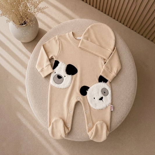 Baby Panda Appliqué Footed Romper & Knotted Hat Set