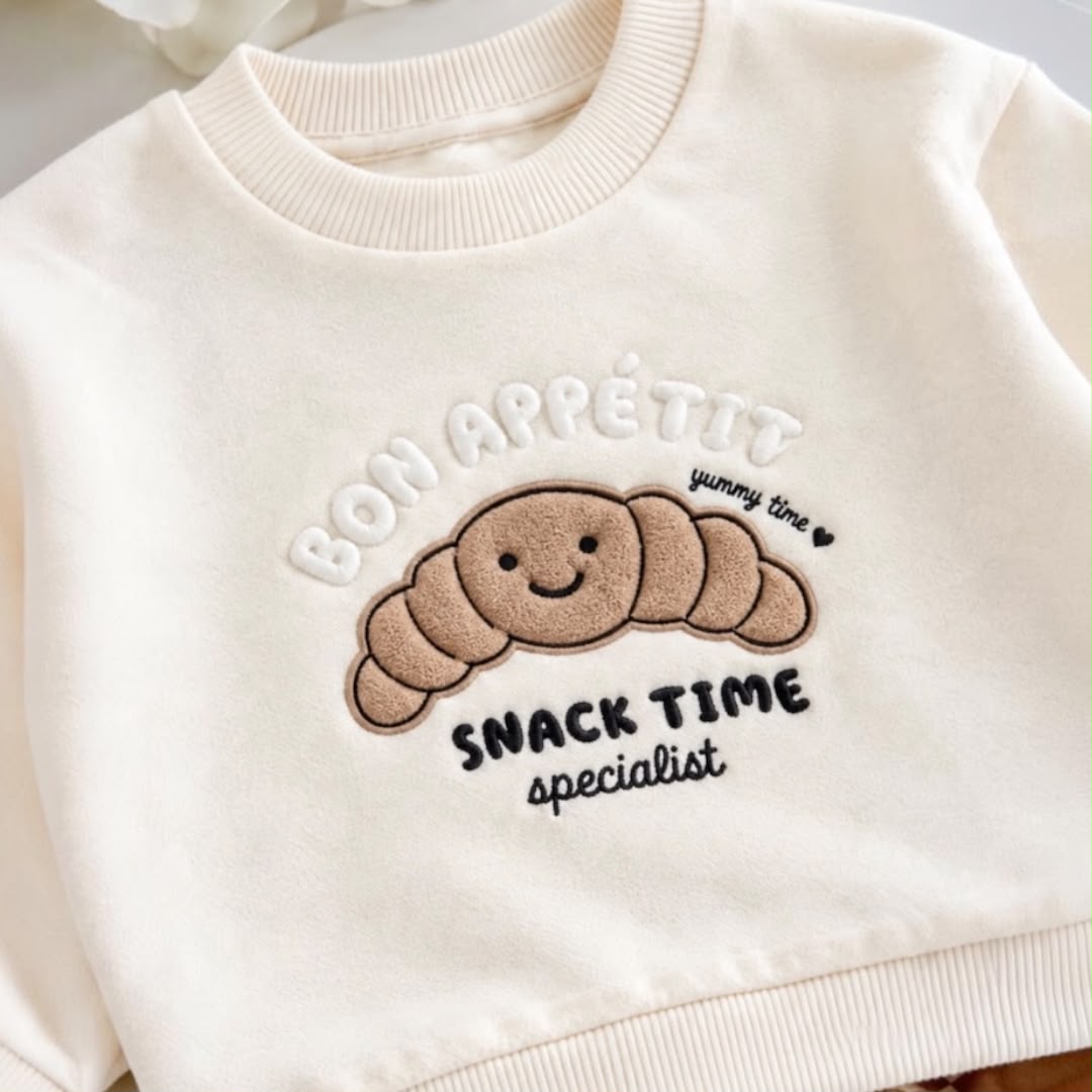 Close-up of textured smiling croissant and Bon Appétit lettering on cream sweatshirt