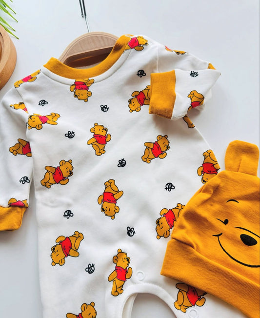 Baby Bear Romper with Hat - Yellow Character Print Set