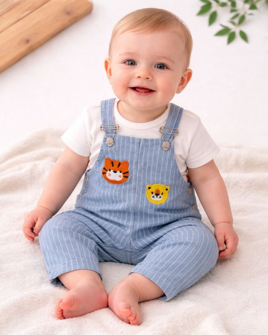 Tiger and Lion Applique Baby Striped Dungaree Set | White Bodysuit and Blue Dungarees