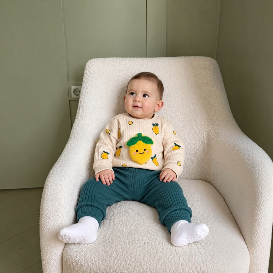 Baby Lemon Print 3D Appliqué Sweatshirt & Ribbed Pants Set