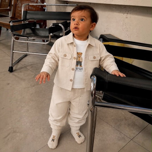 Baby boy wearing MRSH Bear 3-Piece Set standing