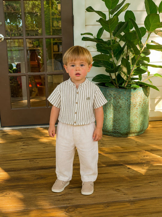 Toddler Striped Mandarin Collar Shirt & Linen Trousers Set