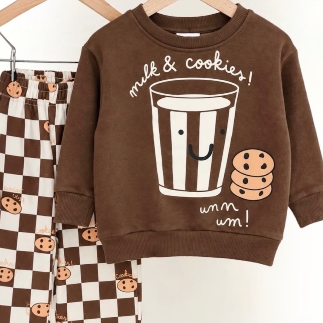 Milk and Cookies sweatshirt graphic and coordinating cookie-print jogger details