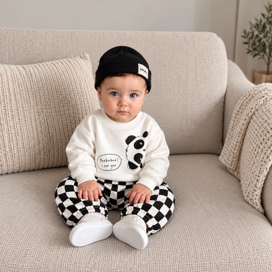 Baby wearing panda sweatshirt and black checkered joggers