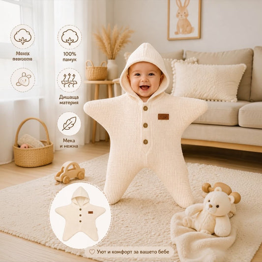 Baby wearing Cream Star Waffle Hooded Romper standing smiling