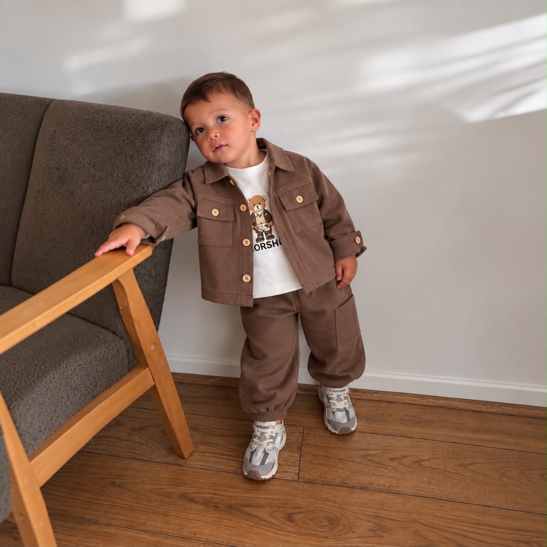 Toddler wearing brown overshirt, bear graphic T-shirt and matching joggers