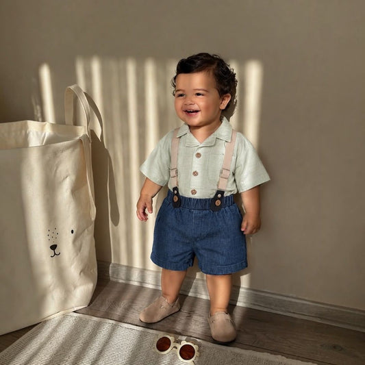 Baby Boys Linen Shirt & Denim Shorts Set with Suspenders – Mint Green & Blue