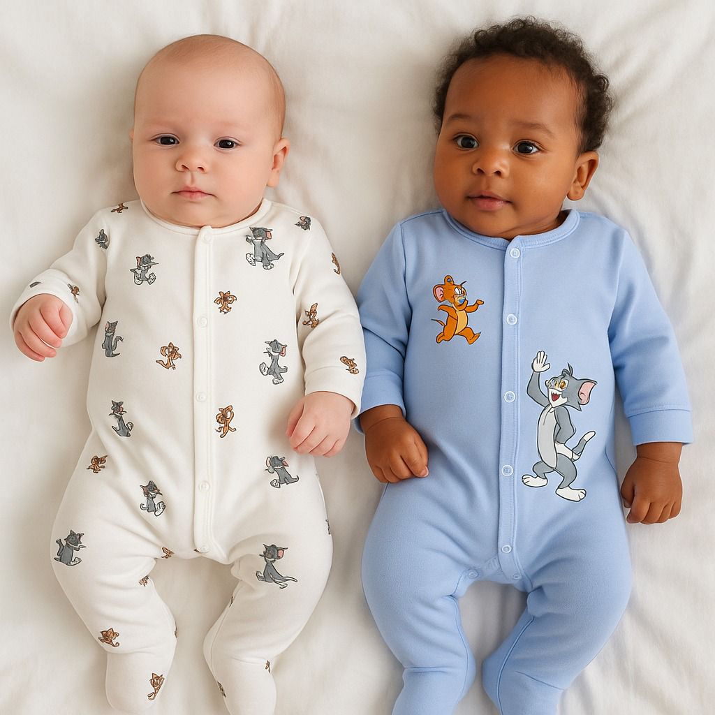 Baby Sleepsuit - Footed Romper with Cat & Mouse Character Prints
