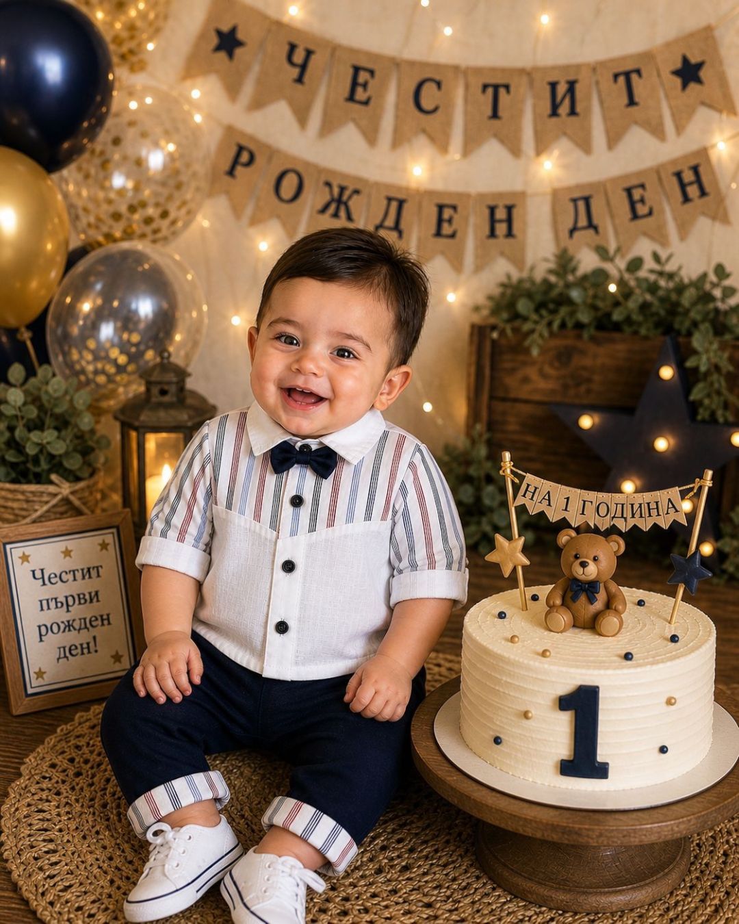 Striped Bow Tie Baby Smart Two-Piece Set | Shirt and Navy Trousers