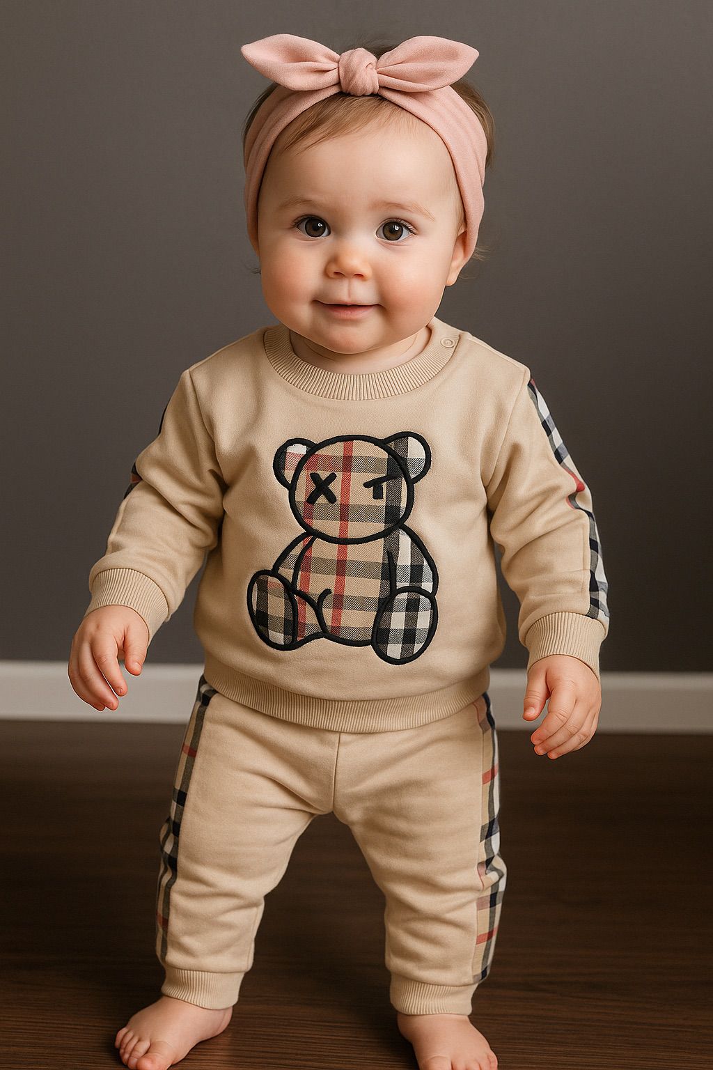 Plaid Bear Baby Set - Sweatshirt & Pants