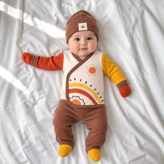 Baby wearing rainbow and sunshine wrap-style top brown footed trousers matching hat and mittens