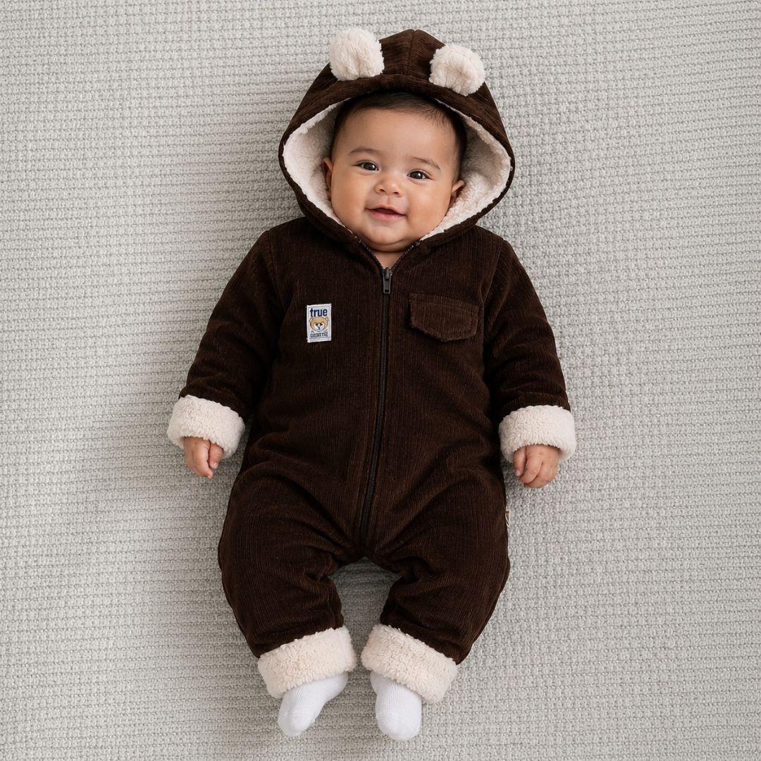 Baby wearing dark chocolate bear ears hooded corduroy romper