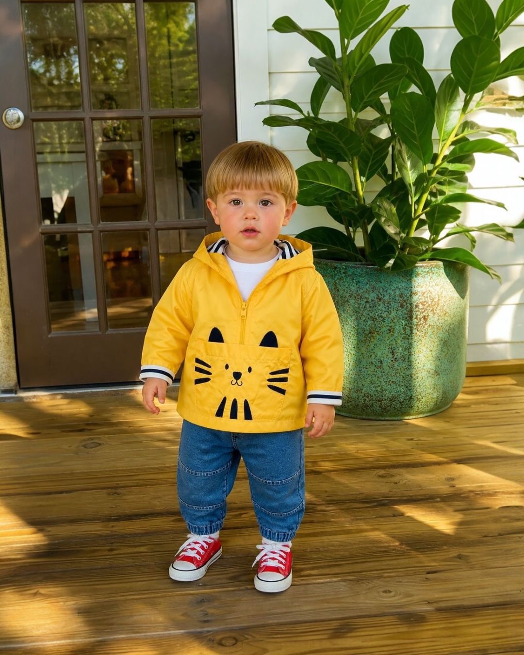 Cat Face Hooded Baby Two-Piece Set | Yellow Hoodie and Denim Jeans