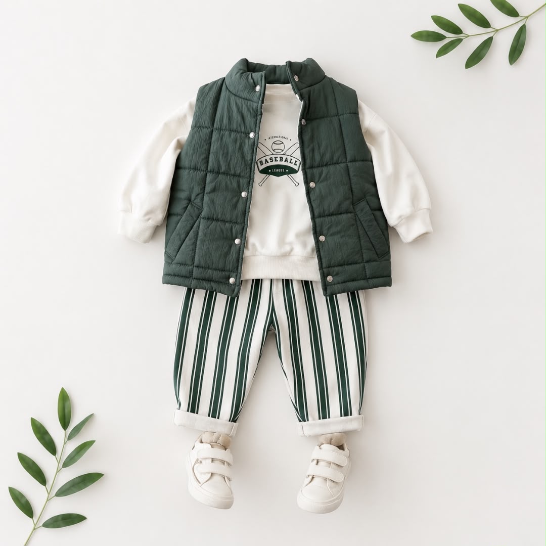 Kids Quilted Vest Baseball Sweatshirt & Striped Pants Set flat lay with botanicals