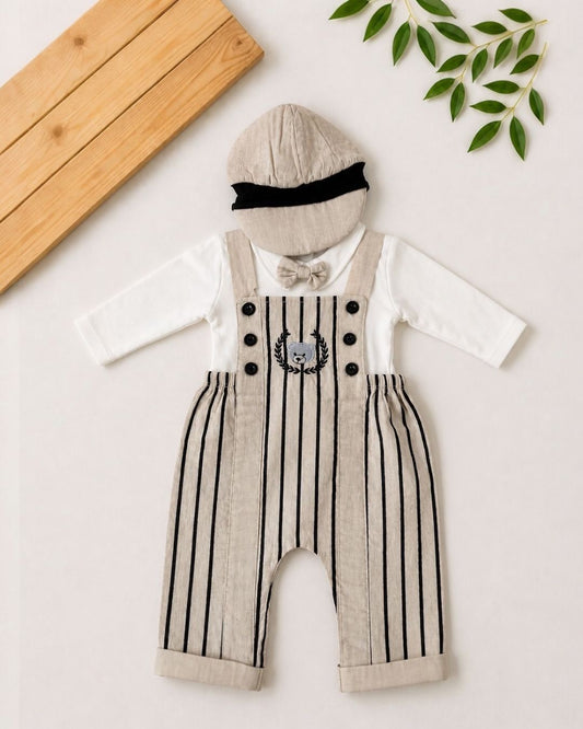 Bear Crest Striped Dungaree Baby Four-Piece Set | Bodysuit, Dungarees, Bow Tie and Cap