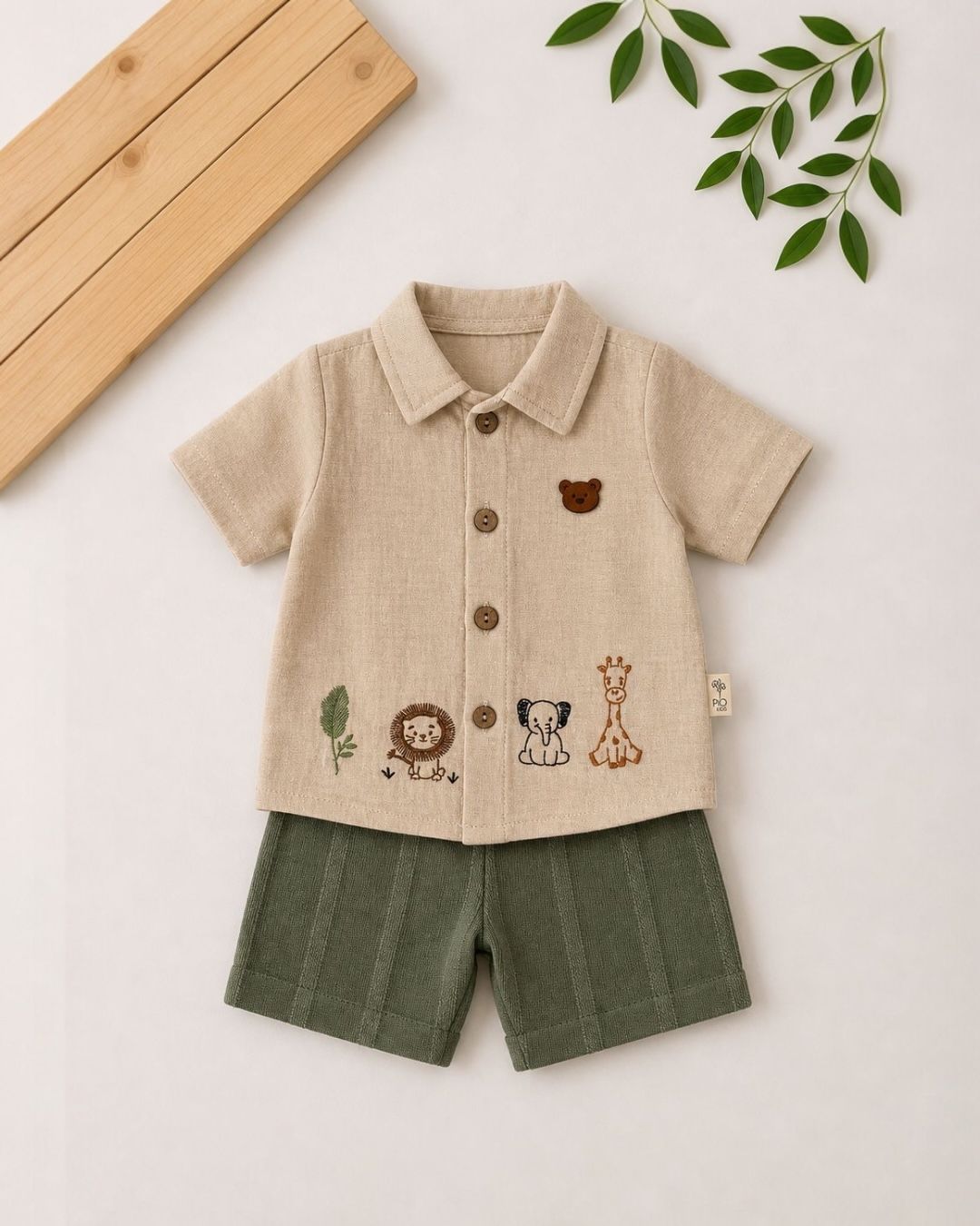 Safari Embroidery Baby Linen Two-Piece Set | Shirt and Olive Shorts
