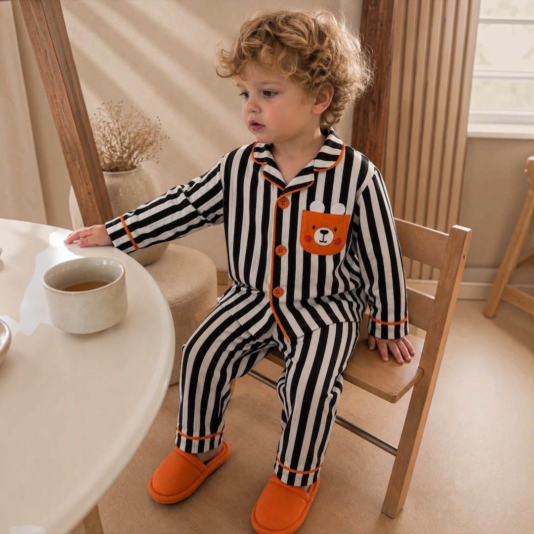 Toddler boy wearing Teddy Bear Striped Pyjama Set sitting at table