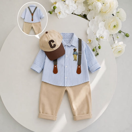 Bear Stripe Shirt Suspender Pants Set - flat lay