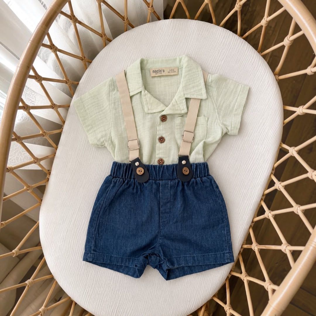Baby Boys Linen Shirt & Denim Shorts Set with Suspenders – Mint Green & Blue