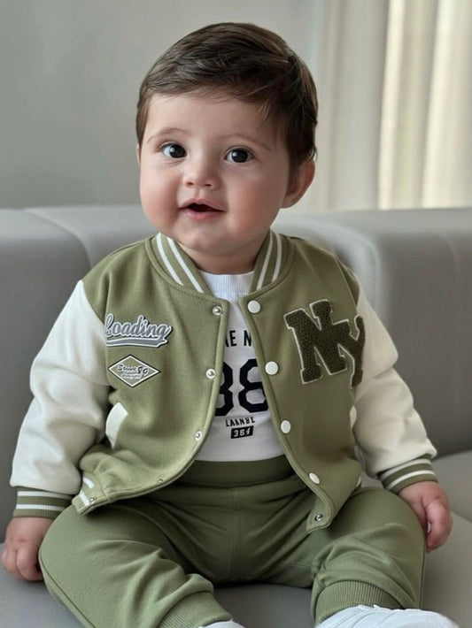 Olive Varsity Kids Set - 3 Piece Baseball Jacket Outfit