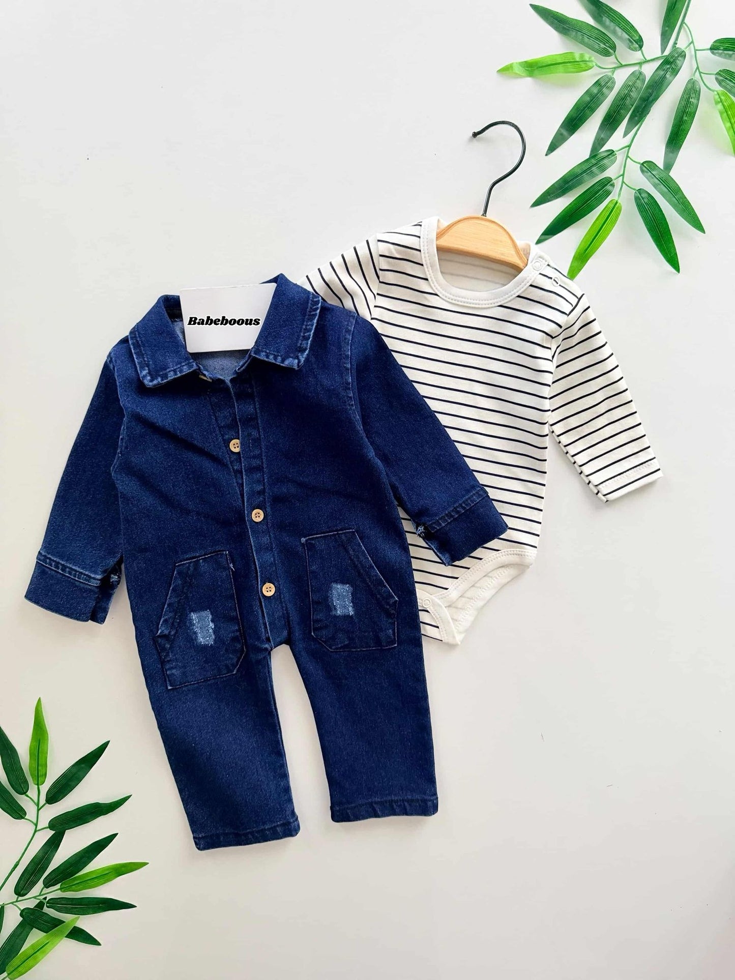 Baby Boy Denim Romper with Striped Shirt Set