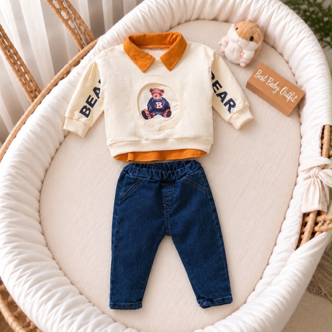 Cream teddy bear baby sweatshirt with mustard collar BEAR sleeve lettering and blue jeans