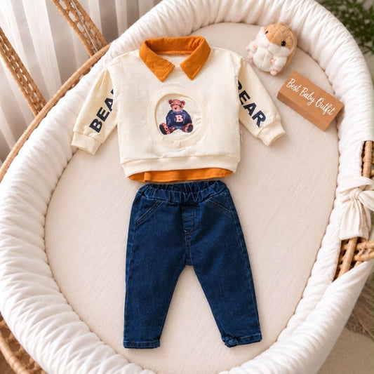 Cream teddy bear baby sweatshirt with mustard collar BEAR sleeve lettering and blue jeans